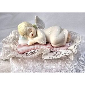 Vintage Sleeping Angel Figurine Porcelain Lace Cherub Bed 4 Inch Collectible Dec